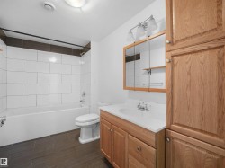White subway tile tub surround with dark accent band - 