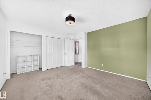 Recessed closet with wire shelving, carpet flooring, a ceiling-mounted light fixture, and a muted green accent wall - #30 300 Hooper Cr Nw, Edmonton, AB 