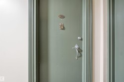 Sage green door with an ornamental door knocker, silver-toned doorknob, and decorative door handle - 