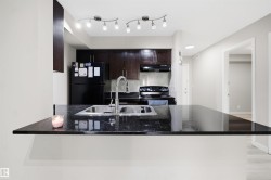 Kitchen featuring dark cabinetry, a black appliance package, a double basin stainless steel sink, and dark stone-finish countertops - 