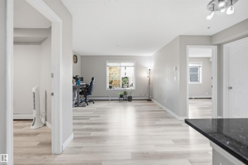 Light wood-finish flooring throughout, multiple windows, and a black countertop with an undermount sink - #212 12035 22 Av Sw, Edmonton, AB 