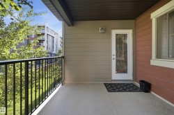 Covered outdoor patio with a black metal railing, concrete flooring, and a decorative glass door - 