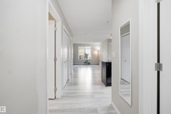 Hallway featuring wood-finish flooring, light gray wall paint, white trim, and white paneled doors - 