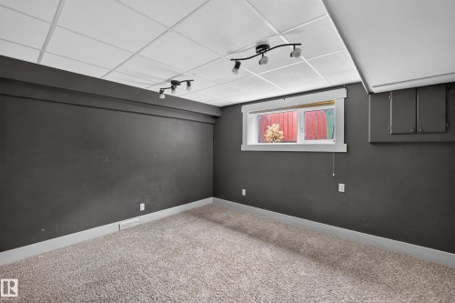 Carpeted room featuring dark-painted walls, a drop ceiling, and a track lighting fixture - 131 Pine Drive, Wetaskiwin, AB - Indoor Photo Showing Other Room