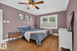 Hardwood flooring, crown molding, ceiling fan, window with natural light, and a radiator - 