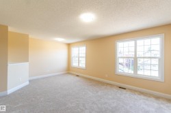 Spacious room with plush carpeting, two large windows, white trim, and neutral-toned walls - 