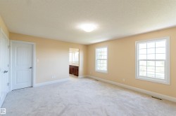 Carpeted room featuring two white-framed windows, a ceiling-mounted light fixture, and a white paneled door - 