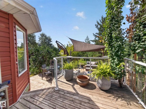 Expansive outdoor deck with wood plank flooring, transparent railing, and mature surrounding foliage - 1223 Appleton Close, Sherwood Park, AB 