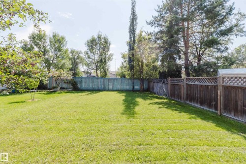 Expansive backyard featuring a manicured lawn, mature trees, and a combination of wood and lattice fencing - 8517 156 Avenue Nw, Edmonton, AB 