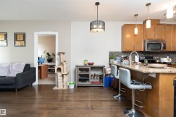 Open-concept kitchen and living area featuring wood-finish flooring, recessed lighting, and a granite-topped kitchen island - 