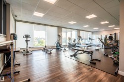 Spacious fitness center featuring wood-finish flooring, ample natural light from multiple windows, and recessed ceiling lighting - 
