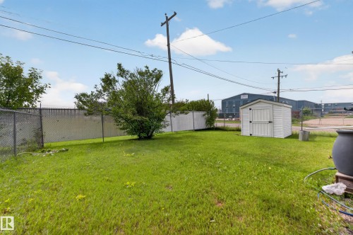 Expansive grassy yard featuring a chain-link perimeter fence, mature green shrubbery, and a white storage shed with a paneled door - 4204 47 Street, Wetaskiwin, AB - Outdoor