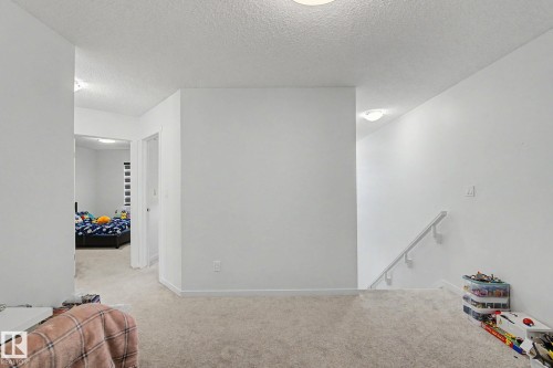 Carpeted landing featuring white walls, a white ceiling with flush-mount lighting, and a white handrail leading to a lower level - #12 905 172 St Sw, Edmonton, AB - Indoor Photo Showing Other Room