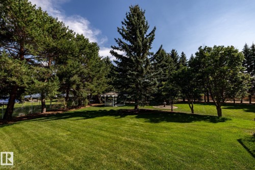 Expansive lawn with mature trees and a white gazebo - 14 Highlands Place, Wetaskiwin, AB 