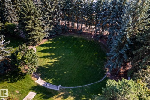 Expansive circular lawn with surrounding mature evergreen trees - 14 Highlands Place, Wetaskiwin, AB 