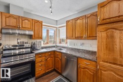Wood cabinetry with stainless steel hardware, corner double basin sink, stainless steel dishwasher, stainless steel range with hood, and patterned countertops - 