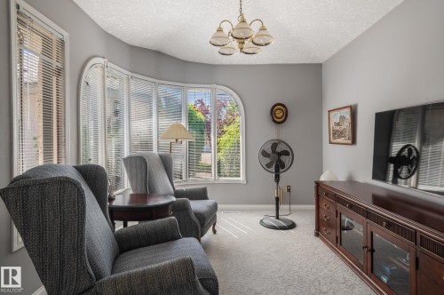 Curved window wall, additional arched window, ceiling-mounted light fixture, patterned carpeting, and built-in wood-finish media console - 8 Edgemont Point(E), St. Albert, AB 