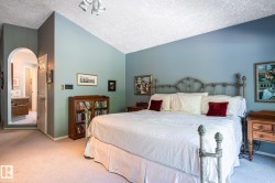 Vaulted ceiling, arched doorway, and built-in wood-finish cabinetry - 