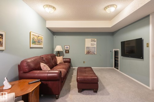 Recessed wall storage with glass door, wall-mounted television, and flush-mount ceiling fixtures - 8 Edgemont Point(E), St. Albert, AB 