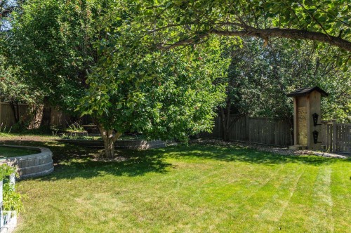 Expansive lawn surrounded by mature trees, a wood privacy fence, and a stone block retaining wall - 8 Edgemont Point(E), St. Albert, AB 