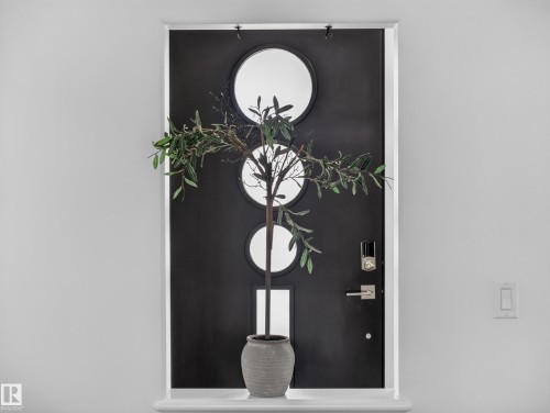 Black entry door featuring three circular windows and a rectangular window - #59 10550 Ellerslie Rd Sw, Edmonton, AB -  Photo Showing Other Room