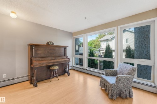 Light wood-finish flooring, multiple expansive windows, baseboard heating, and a ceiling-mounted light fixture - #203 10171 119 St Nw, Edmonton, AB 