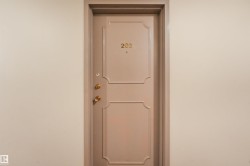 Panel door with decorative trim and brass hardware - 