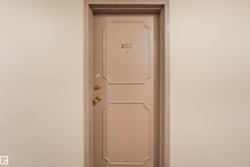 Panel door with decorative trim and brass hardware - #203 10171 119 St Nw, Edmonton, AB 