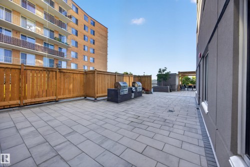 Condo Building Outdoor Common Space featuring Resident BBQ Area, Gazebo, Sitting Areas, Beautiful Landscaping, and Stunning River Valley views. - #803 10011 123 St Nw, Edmonton, AB 