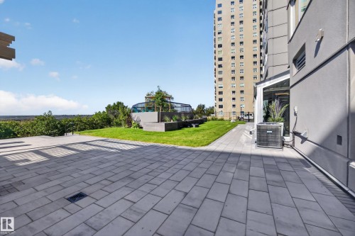 Condo Building Outdoor Common Space featuring Resident BBQ Area, Gazebo, Sitting Areas, Beautiful Landscaping, and Stunning River Valley views. - #803 10011 123 St Nw, Edmonton, AB 