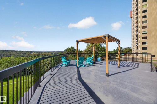 Condo Building Outdoor Common Space featuring Resident BBQ Area, Gazebo, Sitting Areas, Beautiful Landscaping, and Stunning River Valley views. - #803 10011 123 St Nw, Edmonton, AB 