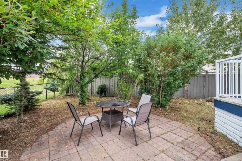 Brick paver patio with a white railing deck and mature trees - 1226 Mcallister Way Sw, Edmonton, AB 