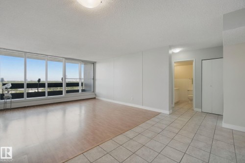 Expansive windows, wood-finish flooring, tiled flooring, built-in bi-fold closet, and a surface-mounted ceiling light fixture - #104 8745 165 St Nw, Edmonton, AB 