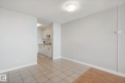 Two-tone flooring with tile and wood-finish sections, white painted walls, and a flush-mount ceiling light - 