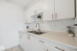 White cabinetry with gold-finish hardware, light-toned countertops, and a double basin stainless steel sink - 