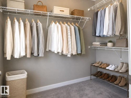 Expansive closet featuring wire shelving, hanging rods, and plush carpet flooring - 4847 173 Avenue Nw, Edmonton, AB 