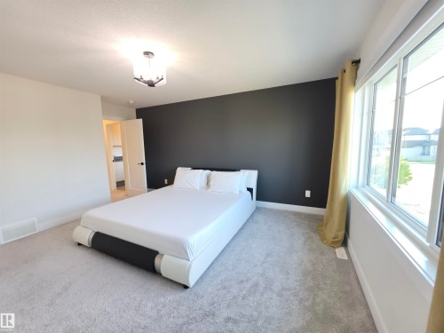 Recessed lighting, large window, carpet flooring, modern ceiling light fixture, white interior door - 20827 130 Avenue Nw, Edmonton, AB 