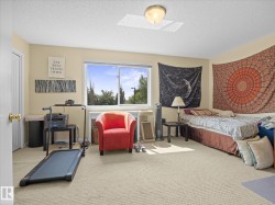 Carpeted room featuring a large window, a ceiling light fixture, a white paneled door with a brass doorknob, and neutral-toned wall paint - 