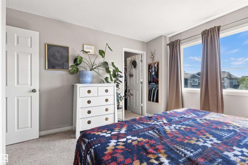 Neutral tone wall paint, light-colored carpet flooring, white paneled interior doors, and a double window with curtain rods - 4306 Prowse Link Link Sw, Edmonton, AB 
