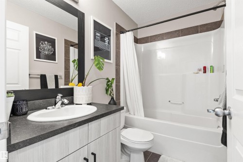 Single vanity with a dark countertop and undermount sink - 4306 Prowse Link Link Sw, Edmonton, AB 