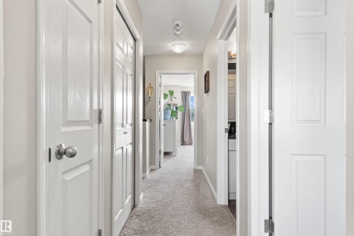 Hallway with light-toned carpeting, white panel doors, and neutral wall paint - 4306 Prowse Link Link Sw, Edmonton, AB 