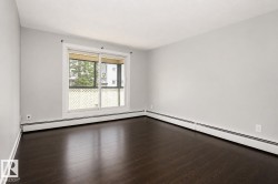 Wood-finish flooring, light grey walls, and a large sliding glass door - 