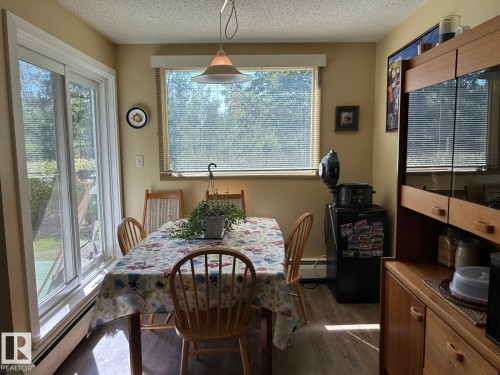 Sliding glass door, wood-finish flooring, overhead lighting fixture, built-in wooden cabinet, large window - #112 4404 122 St Nw, Edmonton, AB 