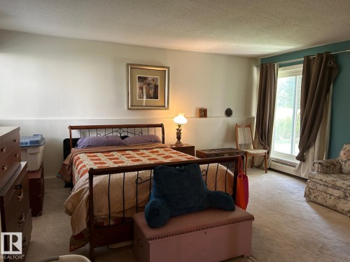 Neutral wall paint with an accent wall, carpet flooring, and a large window - #112 4404 122 St Nw, Edmonton, AB 
