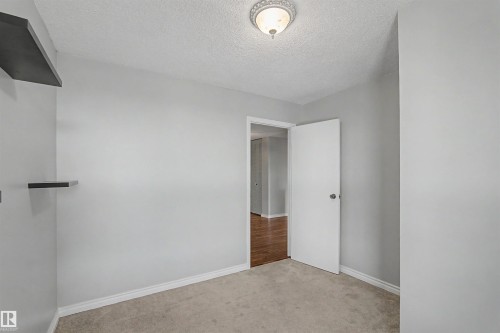 Neutral wall paint, carpet flooring, decorative ceiling light fixture, white door, and built-in shelving - #904 8220 Jasper Av Nw, Edmonton, AB 