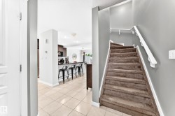 Carpeted staircase with white handrails - 