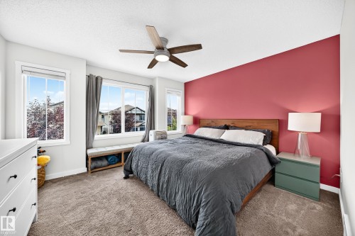 Carpeted room with multiple windows, a ceiling fan with integrated lighting, and a wood-finish headboard - 16832 53 Street Nw, Edmonton, AB 