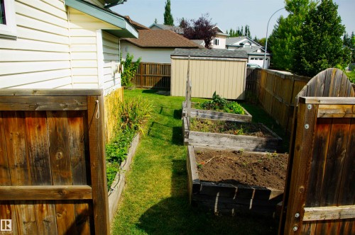 Landscaped backyard featuring raised garden beds, a fenced perimeter, a storage shed, and a manicured lawn - 25 Hasen Close, St. Albert, AB 