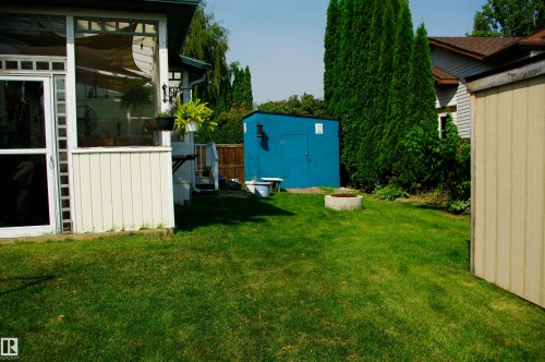 Expansive green lawn with a screened-in porch, a blue storage shed, and a tan shed - 25 Hasen Close, St. Albert, AB 