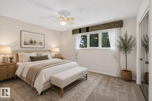 Recessed ceiling fan, carpeted flooring, multi-pane windows, and mirrored closet doors - 16016 78A Avenue Nw, Edmonton, AB 